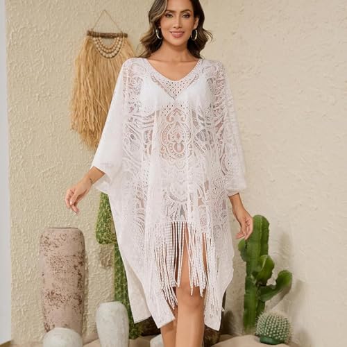 Image of SANNIDHI Women's Lace Beach Cover Up Embroidered Swimsuit Coverups Full Sleeve Boho Sheer Bathing Suit Swim Dress for Poolside, Seaside and Party