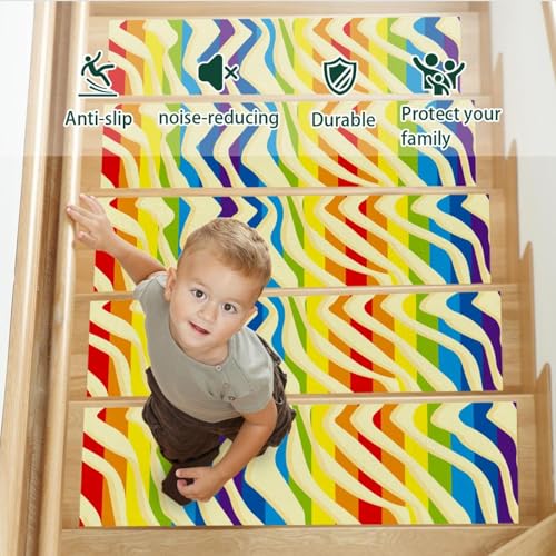 Tapis d'escalier antidérapants à rayures arc-en-ciel et bord ondulé