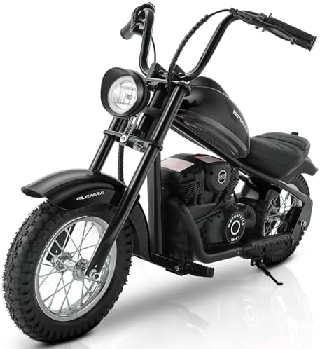 ELEMARA Electric Dirt Bike, 15 mph & 150lb Max, 24V Ride on Toy for Big Kids w/LED Lights & Power Display, Chain-Driven Motor, Twist-Grip Throttle, Shock Springs, Handbrake, 12″ Air-Filled Tires-Black
