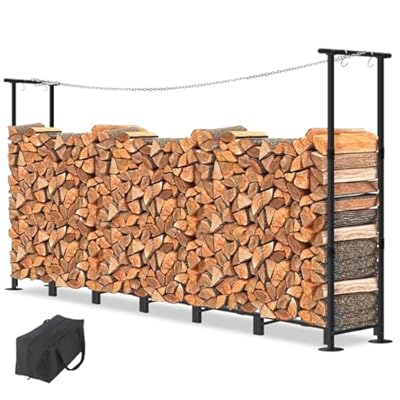 UFavo Home 8ft Firewood Rack Outdoor Adjustable Log Racks with Carry Bag for Firewood Heavy Duty Fire Wood Storage Racks Steel Firewood Holder with Chain for Outdoor Indoor Patio Deck, Black