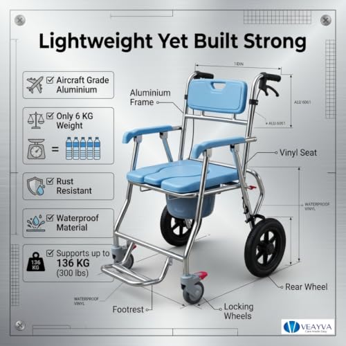 Image of VEAYVA Premium Shower Commode Wheelchair for Adults & Elderly | 3-in-1 Foldable Reclining Aluminium Wheelchair | 12 Inch PVC Rear Wheels with Hand Brakes | Fully Waterproof | Lockable Front Wheels | Bedside Commode & Shower Chair (12 INCH)