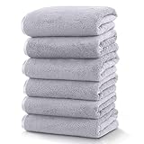 TENSTARS Silk Hemming Hand Towels for Bathroom - Quick Drying - Ultra Soft Microfiber Absorbent Towel for Bath Fitness, Gym, Shower, Hotel, and Spa - 16x28 Inch | Set of 6, Light Grey
