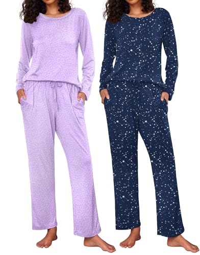 Ekouaer 2 Pack Womens Pajama Sets Long Sleeve Pjs Lounge Set Soft Comfy Sleepwear Winter...