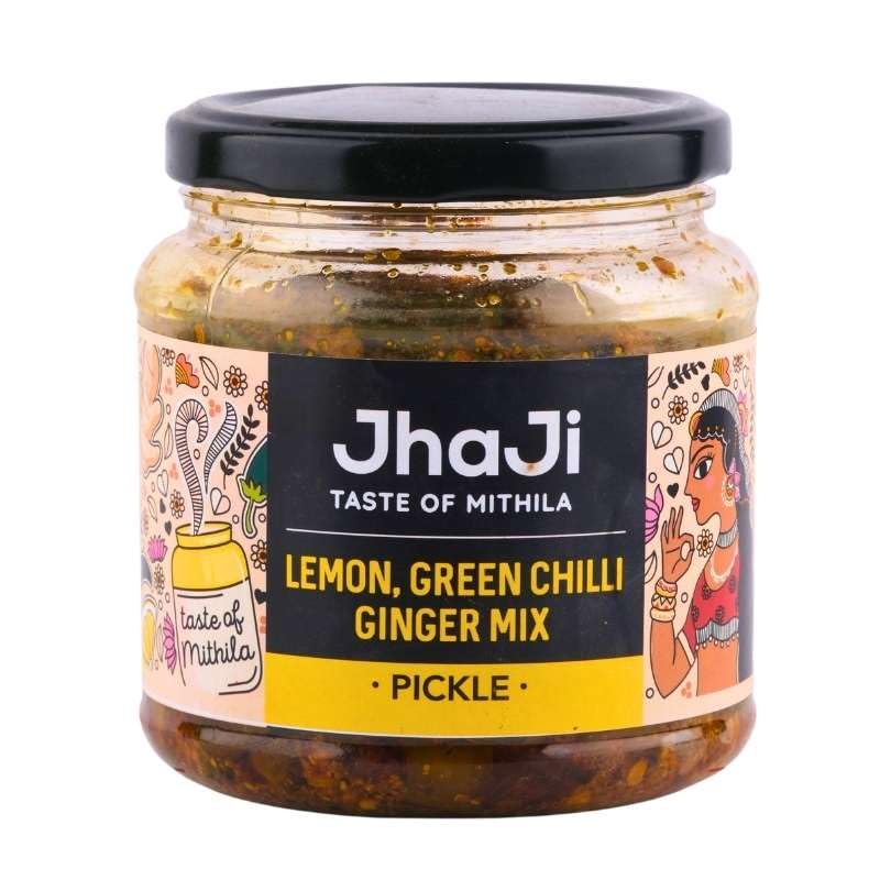 Jhaji Store's Lemon, Ginger & Green Chilli Pickle | Nimbu Mirchi Ka Achar | Tangy, Spicy & Sour | Homemade Lemon Pickle with Ginger & Green Chilli | Sun-Dried | No Preservatives | 500g Plastic Jar