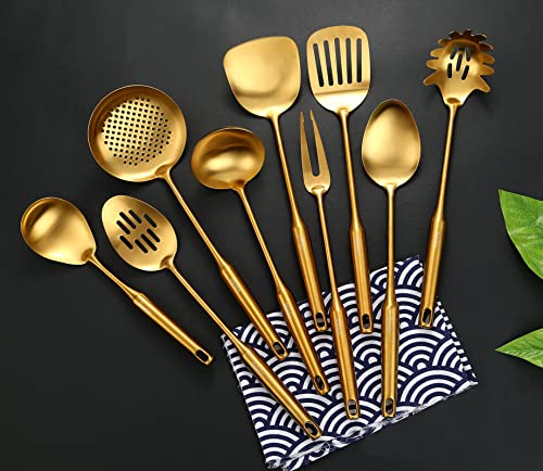 Gold Kitchen Utensils Set, Standcn 9 Pcs 304 Stainless Steel All Metal Cooking Tools With Meat Fork, Solid Spoon, Slotted Spoon, Spatula, Ladle, Skimmer, Slotted Spatula, Spaghetti Server, Large Spoon #TOP6