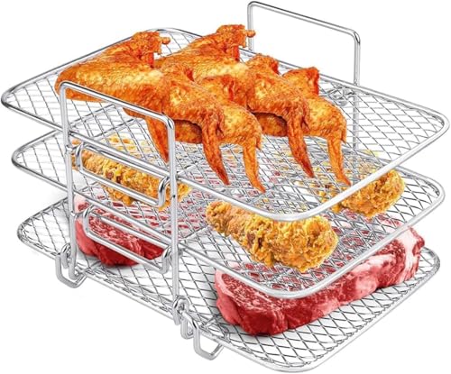 Air Fryer Rack for Ninja Dual Air Fryer Stainless Steel Air Fryer Accessories Three Layer Dehydrator Rack Stackable Grill Rack Air Fryer Racks for Ninja Foodi DZ201/DZ401(7.5x4.5x5.1inch)