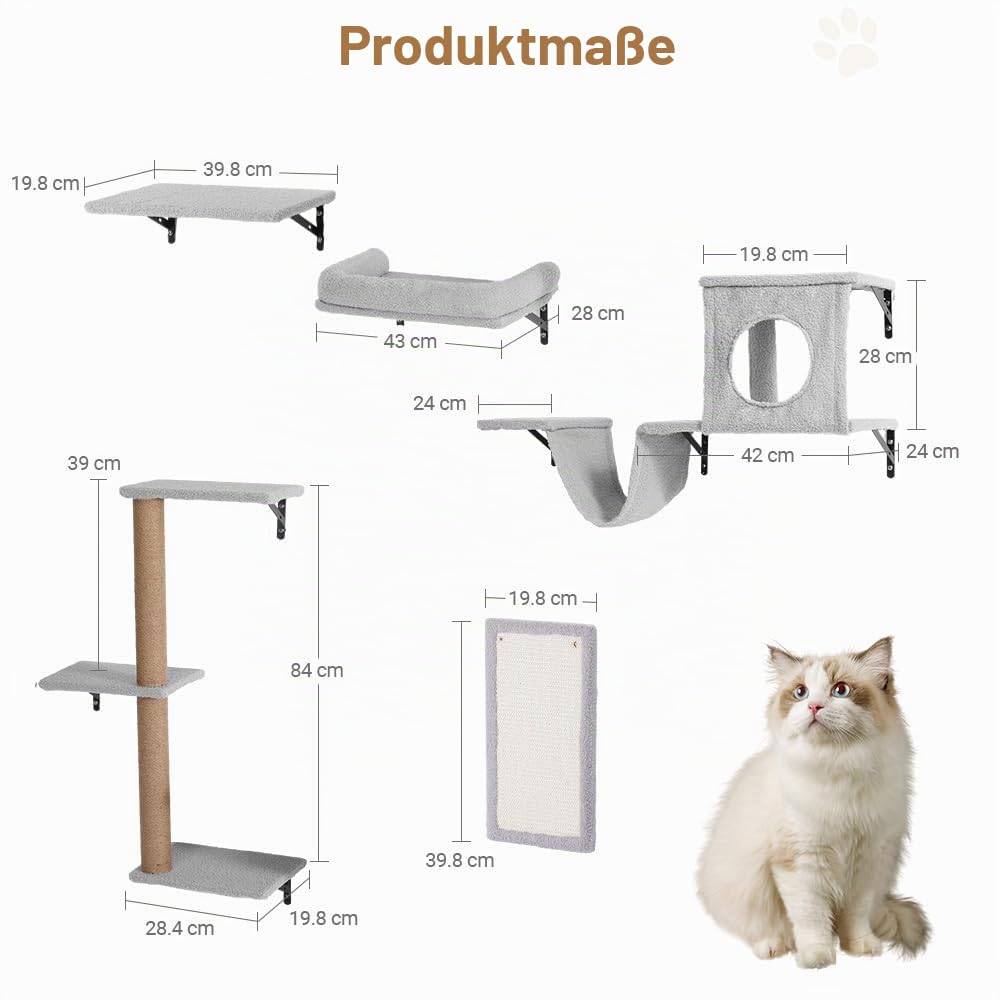 PawGiant 5-in-1 Kletterwand Katzen Set, Stabiles Holz Katzen Wandelemente mit Kratzbaum Wand, Kratzbrett, Katzenhöhle, Hängebrücke und Ruhe, bis 18 kg, Hellgrau