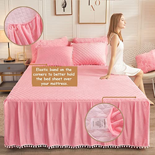 Liferevo Luxury Velvet Diamond Quilted Fitted Bed Sheet 3 Side Coverage 18 Inch Drop Dust Ruffle Bed Skirt With Pompoms Fringe (Queen Pink) #TOP7