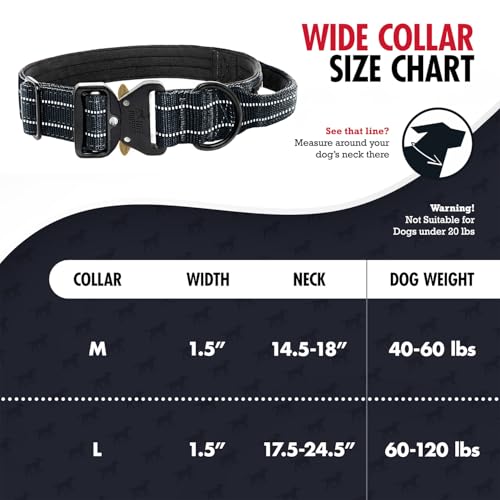Image of Tuff Pupper Tactical Dog Collar | Heavy Duty 1.5 inch Wide Ballistic Nylon | Training Control Handle | Quick-Release Metal Buckle | Reflective Bands | ID Tag Holder | Padded Inner Lining (Black, Large)
