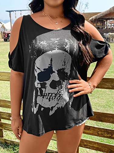 SOLY HUX Women's Plus Size Graphic Tees Skull Print Cold Shoulder Short Sleeve Summer T Shirt Tops4