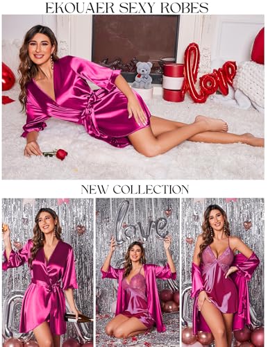 Image of Ekouaer Women's Satin Robe Valentines Lingerie for Women Kimono Bathrobe Short Ruffle Belted Robes Bridesmaids Sleepwear