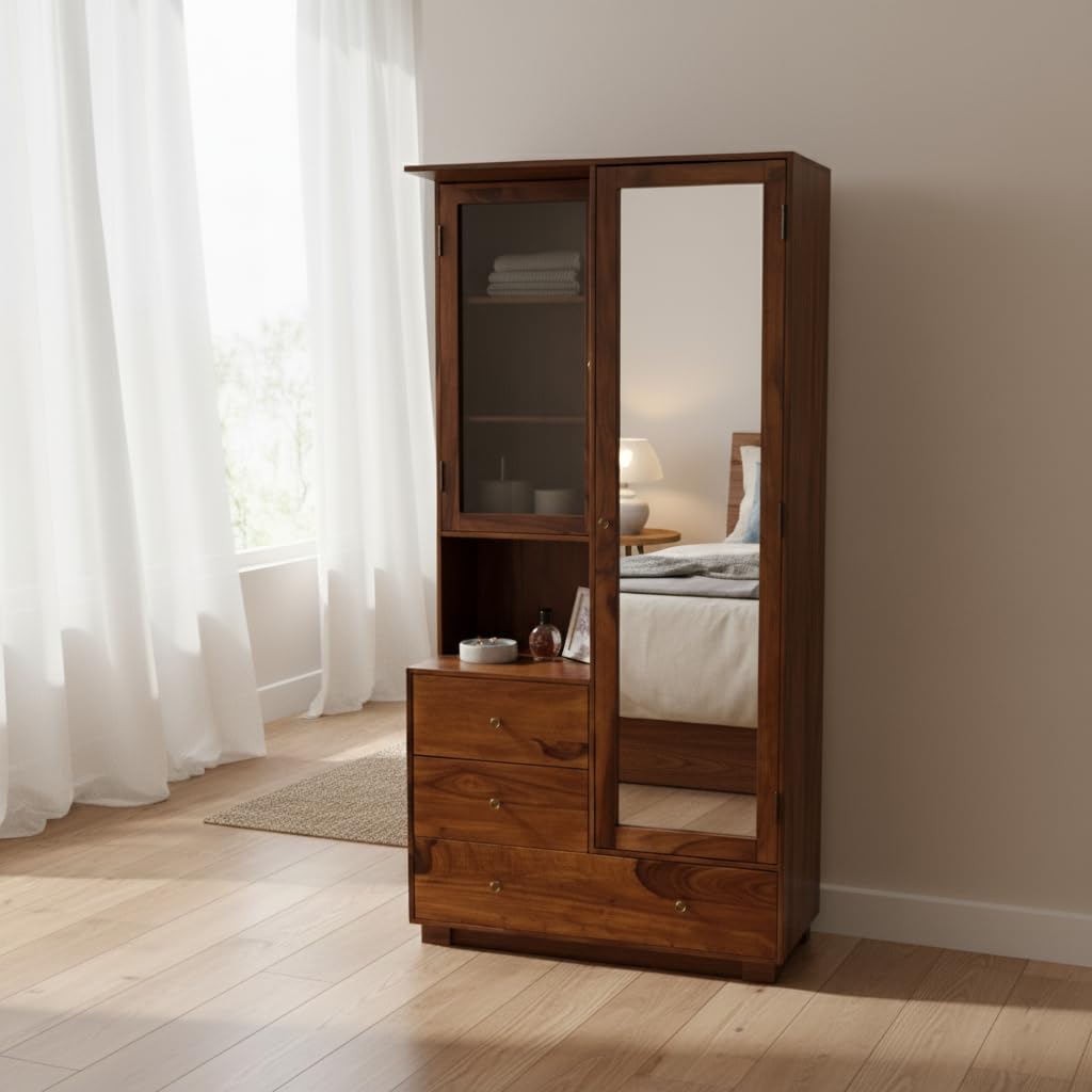 Sheesham Wood Dressing Table with Mirror for Bedroom | Solid Wood Vanity Unit with Storage Drawers & Cabinet | Natural Finish | Modern Bedroom Furniture-image-20