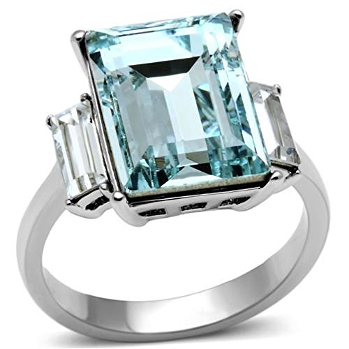 Marimor Jewelry Women's 10.6 Carat Radiant Cut Sea Blue Crystal Stainless Steel Engagement Ring