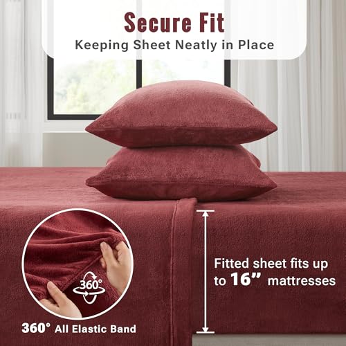 Image of True North by Sleep Philosophy Plush Sheet Set Twin, Solid Color, Warm & Soft Bedding Twin Size Sheets, Fitted Pocket Fits Up to 16 inch Mattress, Soloft, Burgundy 3 Piece