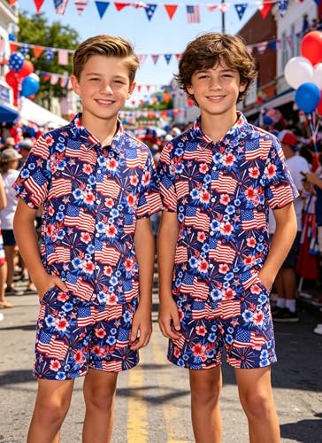Image of UNICOMIDEA Boys 4th of July Outfits Kids Patriotic Independence Day Tropical Short Sets for 5-12 Years