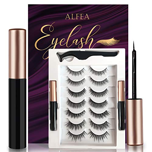 alfea Magnetic Lashes with Eyeliner and Tweezers, 7 Pairs Reusable Magnetic Eyelashes and 2 Tubes of Waterproof Magnetic Eyeliner Kit, [Upgraded] 3D Natural Look, Easy to Wear, No Glue Needed