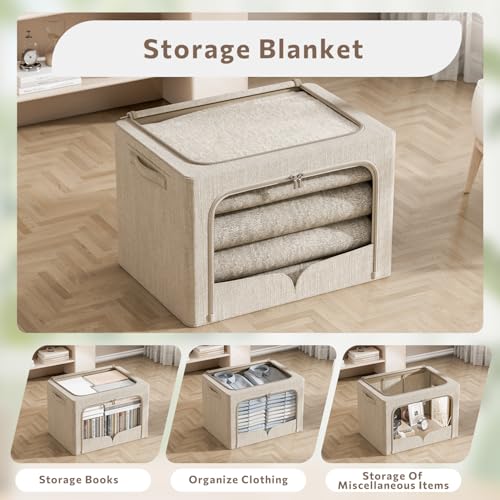 3 Pack Clothes Storage Bins Foldable Metal Frame Storage Box Stackable Linen Fabric Organizer Set with Carrying Handles and Clear Window (Beige, 15.7x11.8x7.8inch(22L)) - Image 3