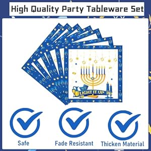 Rakuto Happy Hanukkah Party Decorations - 96PCS Hanukkah Decorations Paper Plates and Napkins Forks Disposable Tableware Set Menorah Holiday Party Decor Chanukah Party Supplies for Home Serve 24 Rakuto Happy Hanukkah Party Decorations 96PCS Hanukkah Decorations Paper Plates and Napkins Forks Disposable Tableware Set Menorah Holiday Party Decor Chanukah Party Supplies for Home Serve 24