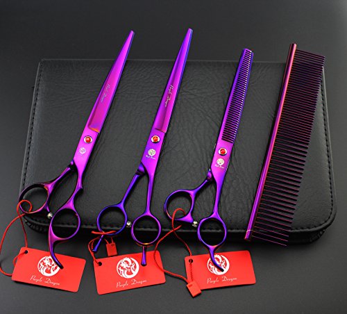 Image of Purple Dragon 8 inch 3 in 1 Professional Pet Grooming Thinning Scissors | 2 PCS Curved Shear Includes Bag, Stainless Steel, Hair Thinning Scissor /Shear Set, Perfect for Hair Stylist or Home Use