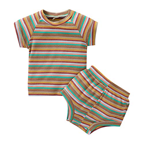 Newborn Baby Girl Boy Autume Clothes Long Sleeve Bodysuit Top+Flared Trousers Pant Set Solid Outfit 2Pcs (Shorts Set-Striped Coffee, 18-24 Months)