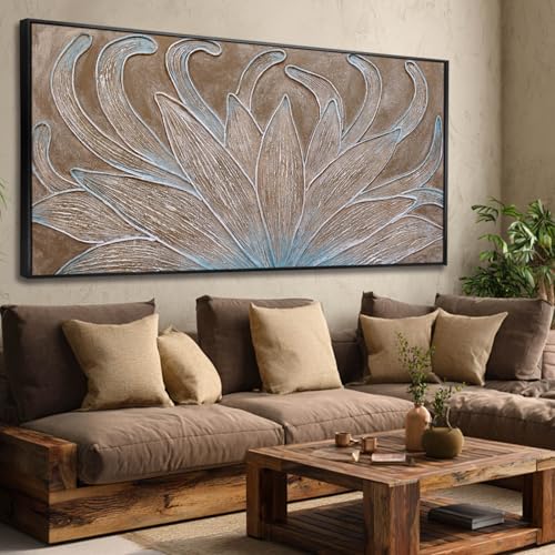 Image of Brown Oil Painting Wall Art Botanical Neutral Floral Flowers Framed Wall Decor Abstract Canvas Pictures Large Artwork for Bedroom Office 29x58 In