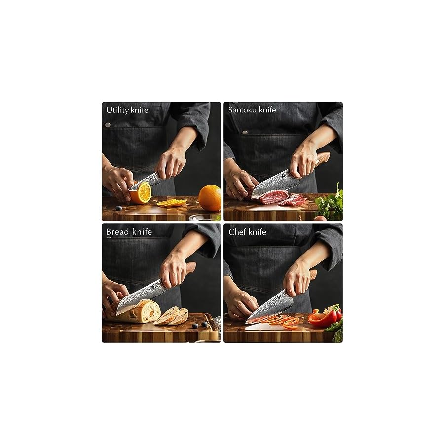 XINZUO 8 Piece Damascus Kitchen Knife Set with Block and Sharpener, Japanese AUS-10 Professional Chef Knife Set with Multifunctional Kitchen Scissors,Black Walnut Wood Handle,Exquisite Box Package