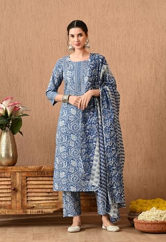 Image of Amazon Brand - Tavasya Women Cotton Anarkali Kurta Pant Dupatta Set | Printed Ethnic Suit Set | Flared Anarkali Kurta with Pant & Dupatta | Festive & Casual Wear