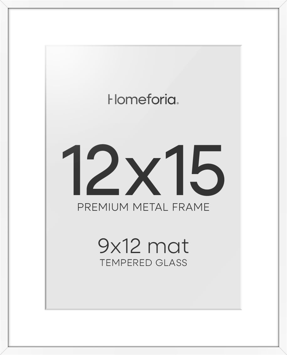 Homeforia 12x15 White Picture Frame, High-End Metal, 9x12 Mat, Glass | High End Aluminum, Tempered Glass, Acid-Free 9x12 Removable Mat, 12x15 in Edge-to-Edge Display 15x12, Wall Kit, Set Of 1
