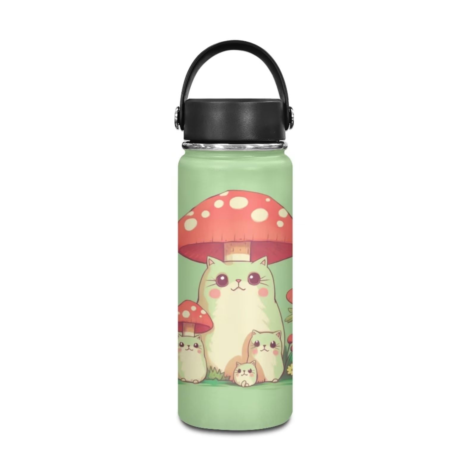 Hinthetall Mushroom Cat Insulated Stainless Steel Water Bottle with Lid and Carry Loop for Gym Sports and Travel Reusable Leak and Sweat Proof Sports Water Bottle 18oz