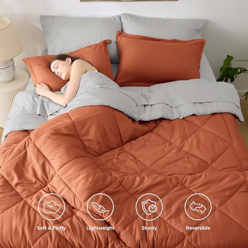 Image of Bedsure Full Size Comforter Set - 7 Pieces Reversible Burnt Orange Bedding, Full Size Bed Set for All Seasons, Bed in a Bag with Down Alternative Comforter, Sheets, Pillowcases & Shams