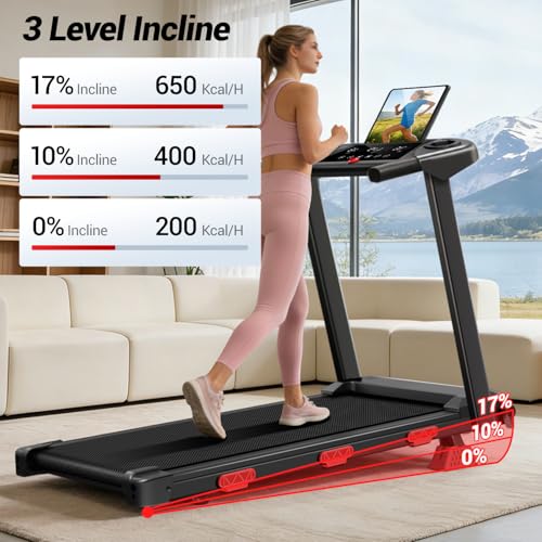 17% Incline Folding Treadmill for Home, 3.0HP Quiet Walking Pad with Handlebars, 350 LBS Capacity Compact Running Machine with 3 LED Displays and Shock Absorbers for Small Spaces - Image 2