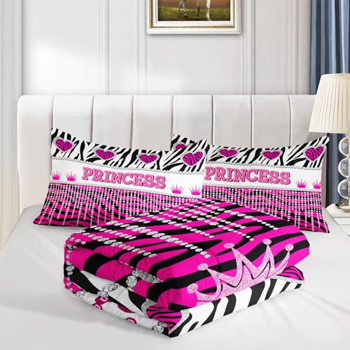 Image of AILONEN Hot Pink Princess Comforter Queen Size with 2 Pillowcases,Zebra Stripes Bedding Set 3Pcs for Girls,Glitter Crown & Heart Quilt Set for Home Decor
