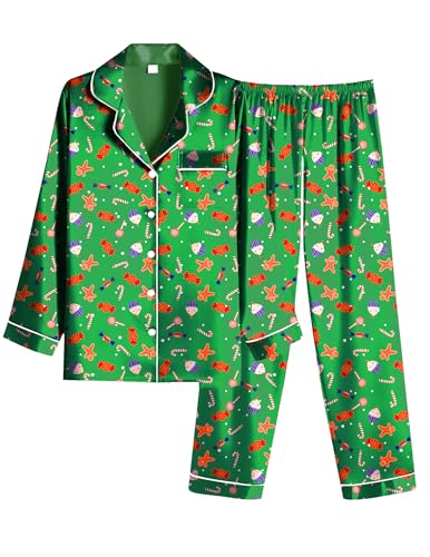 Ekouaer Women Satin Pajamas Set Classic Button Down Long Silk Pjs Set,Large,Green Chirstmas Pattern