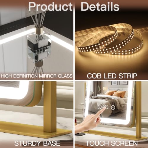 FENNIO Vanity Mirror with Lights - 15"x12.6" LED Lighted Makeup Mirror, Large Makeup Mirror with Lights, Touch Screen with 3-Color Lighting, Dimmable, for Vanity Desk Tabletop, Bedroom Gold - image 8