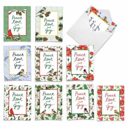 Image of The Best Card Company - 10 Blank Merry Christmas Note Cards (4 x 5.12 Inch) - Boxed Holiday Notecards with Envelopes - Christmas Words and Birds M6735XSB