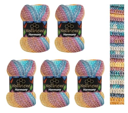 Wollbiene Harmony Batik 5 x 100g (500 Gramos) - Lana Multicolor Con Degradado de Colores - 30% Algodón - Para Tejer y Ganchillo Todo El Año