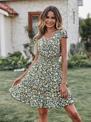 Image of PRETTYGARDEN Womens Summer Dresses Boho V Neck Floral Print Ruffle Sleeve Layered Mini Dress Cute Smocked Waist Short Dress