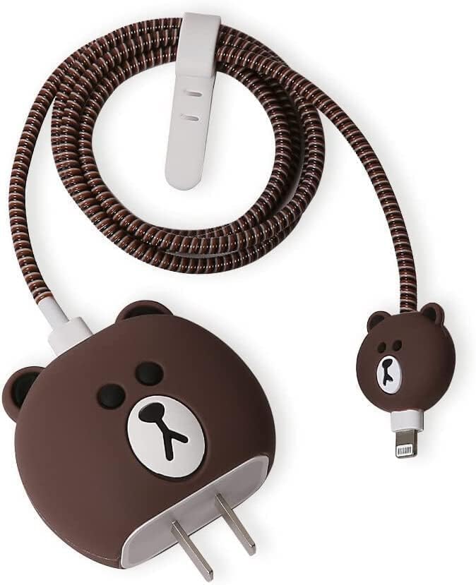 Image of INEFABLE Charger Case Cover Protector with 3D Cute Pattern for iPhone Charger only 18W & 20W, Data Charging Cable Wire Saver Protective Cable Cover Full Protection - Set Of 1 (Brown Bear)