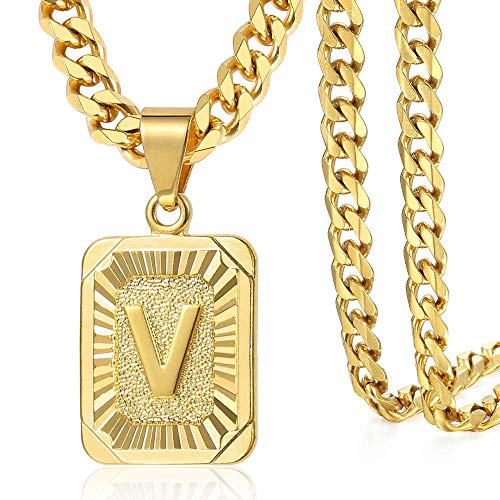 Trendsmax Gold Plated Initial Letter V Pendants for Men Women Alphabet Couple Jewelry Stainless Steel Curb Cuban Necklace Chain 22inch