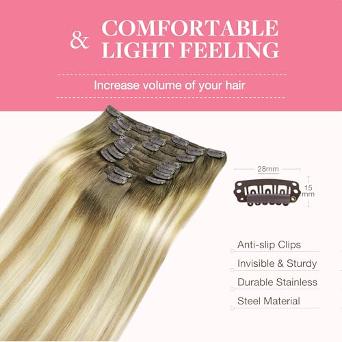 Image of GOO GOO Clip in Hair Extensions Real Human Hair, Remy Human Hair Extensions Clip ins for Women, Natural Human Hair, 14inch 150g 9Pcs, 5A /90 /16F Bahamian Balayage