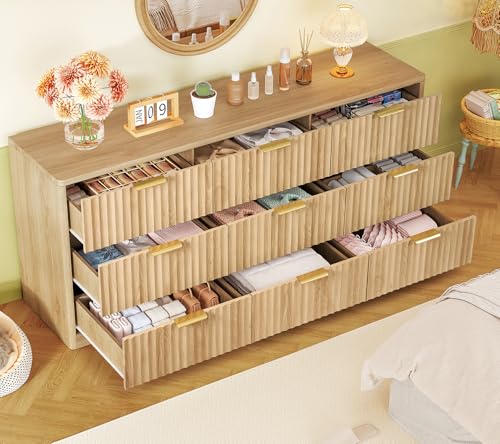 Image of TEENFON 63 inch Dresser for Bedroom with 9 Drawers, Modern Dressers & Chest of Drawers with Metal Handles, Fluted Dresser, Wood Closet Clothes Storage Organizer for Living Room, Hallway, Natural