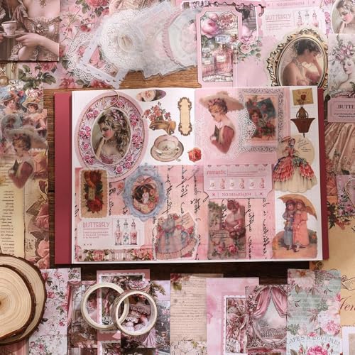 Image of VIBE VISTA Vintage Aesthetic Scrapbook Kit, 346 Pcs, A6 Grid Notebook, Washi, Envelopes, Scrapbook Papers, Folding Labels, Background Papers, Photo Frames, Calendar Stickers, Stickers (Vitorian Pink)