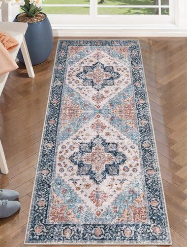 SERISSA Boho Washable Runner Rug, 2x5 Rug Non-Slip Vintage Blue Orange Hallway Kitchen Runner Rug Ultra Soft Print Distressed Tribal Floor Carpet for Bedroom Bathroom Laundry Room