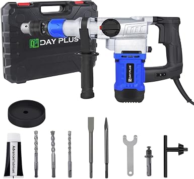 SDS Plus Rotary Hammer,Power Multifunctional Hammer Drill Vibration Control & Safety Clutch 0-800 r/min Electric Demolition Jack Hammer,360 Rotating Handle,Variable Speed,with Grease,Chisel,Drill Bits