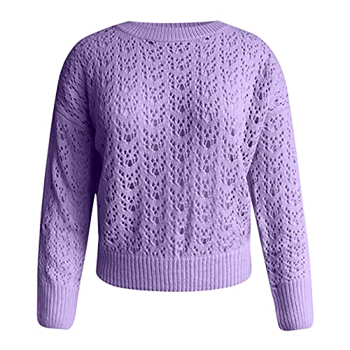 Sexy Hollow Out Slim Blouse For Women Ladies Fashion Crewneck Workout Sweatshirt Solid Long Sleeve Soft Sweater Tee Purple #TOP2