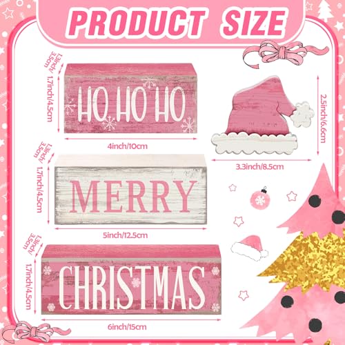 Image of Moucuny 4 Pcs Christmas Table Decorations Pink Santa Hat Decor Christmas Tiered Tray Decor Rustic Wood Pink Hat Block Sign Gift Xmas Table Centerpiece Farmhouse for Home Shelf Kitchen Decorations