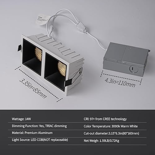 Miniatura 2 de Aisilan - Iluminación empotrable LED regulable de 2 cabezales con CREE COB para espacios vitales, 2 x 7 W, 3 x 6 pulgadas, rectangular sin lata con