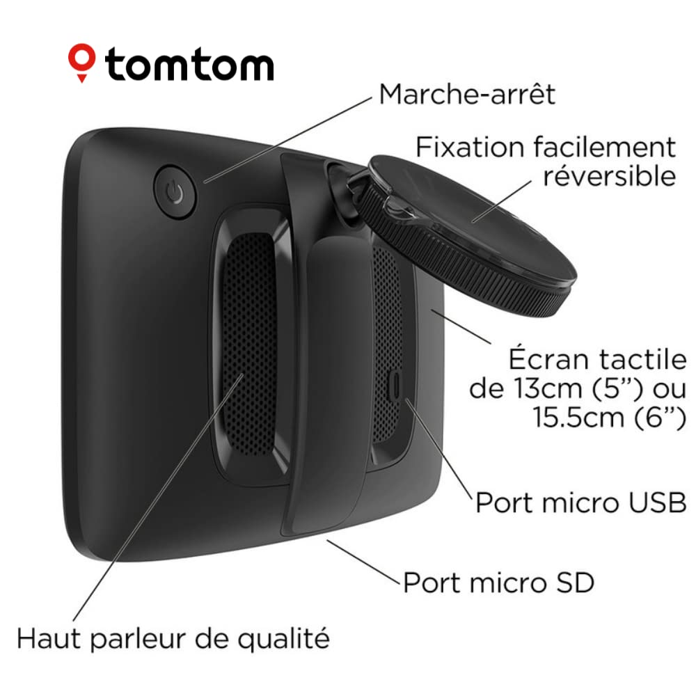 TomTom GPS Voiture GO Classic, 5 Pouces, Info Trafic, Essai des Alertes de Zones de Danger, Cartes EU, Mise à Jour Via WiFi, Fixation Reversible Intégrée Noir