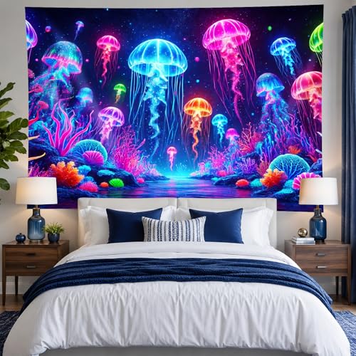 Image of BlissYard Blacklight Jellyfish Tapestry UV Reactive Neon Jellyfish Wall Hanging Tapestry Glow in The Dark Fantasy Ocean Underwater Tapestry for Bedroom Party Backdrop Living Room 59 X 78 inch