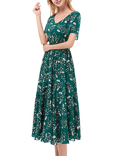 Image of Gardenwed Chiffon Floral Dresses Summer Midi Wedding Guest Dress V Neck for Women Elastic Waist
